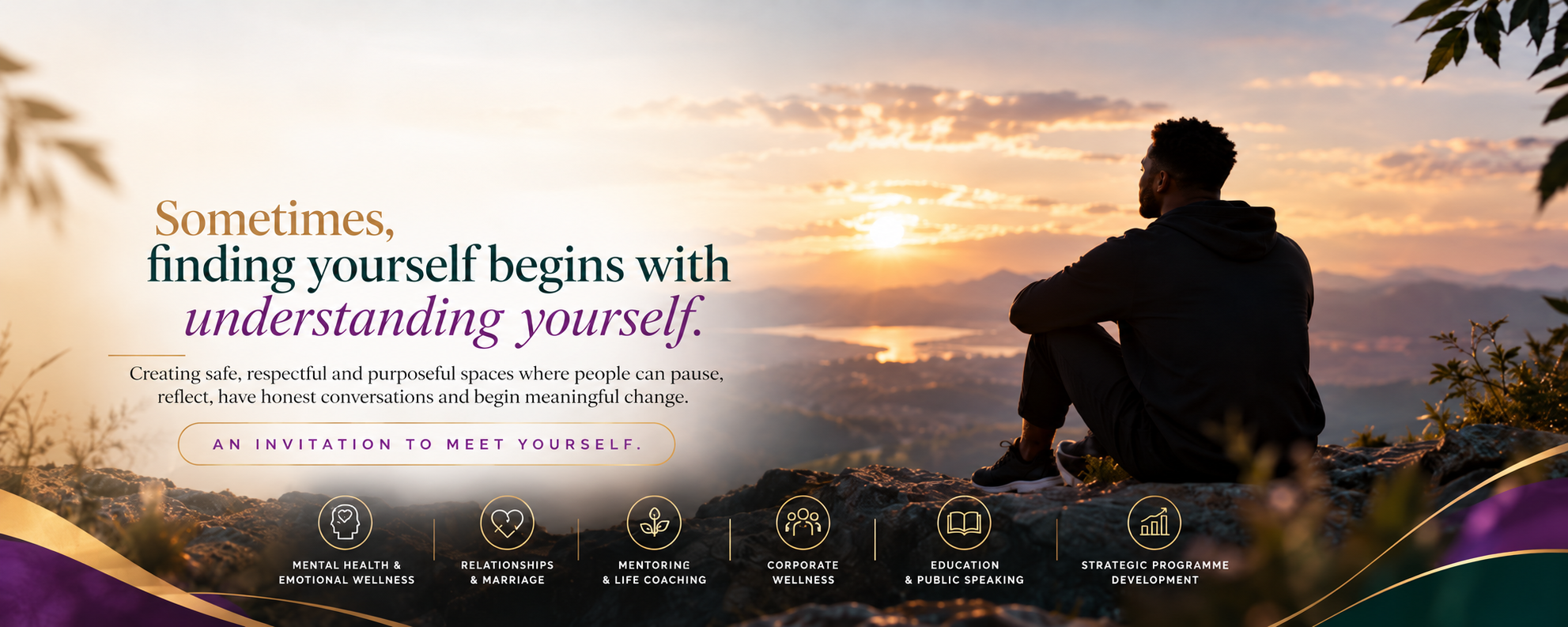 ablynZetà Professional Services mental health and behavioural wellness banner featuring a reflective man overlooking a sunrise landscape, representing self-awareness, emotional wellbeing and personal growth.