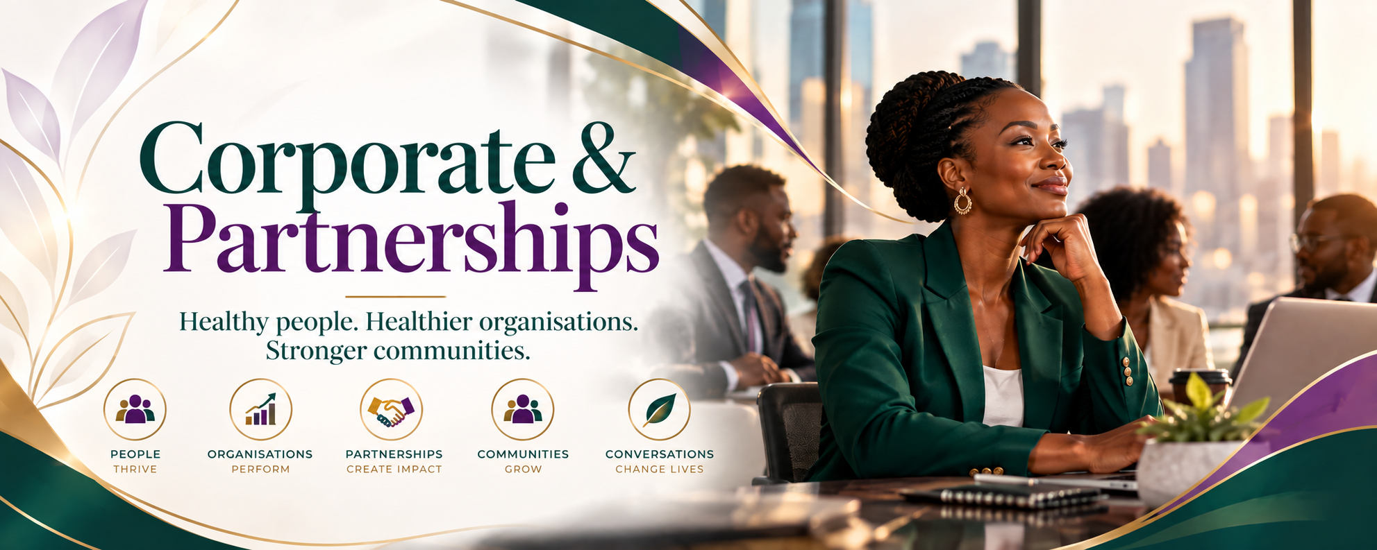 JablynZeta Corporate and Partnerships banner featuring workplace mental health, employee wellness, leadership development, organisational wellbeing and strategic community partnerships.
