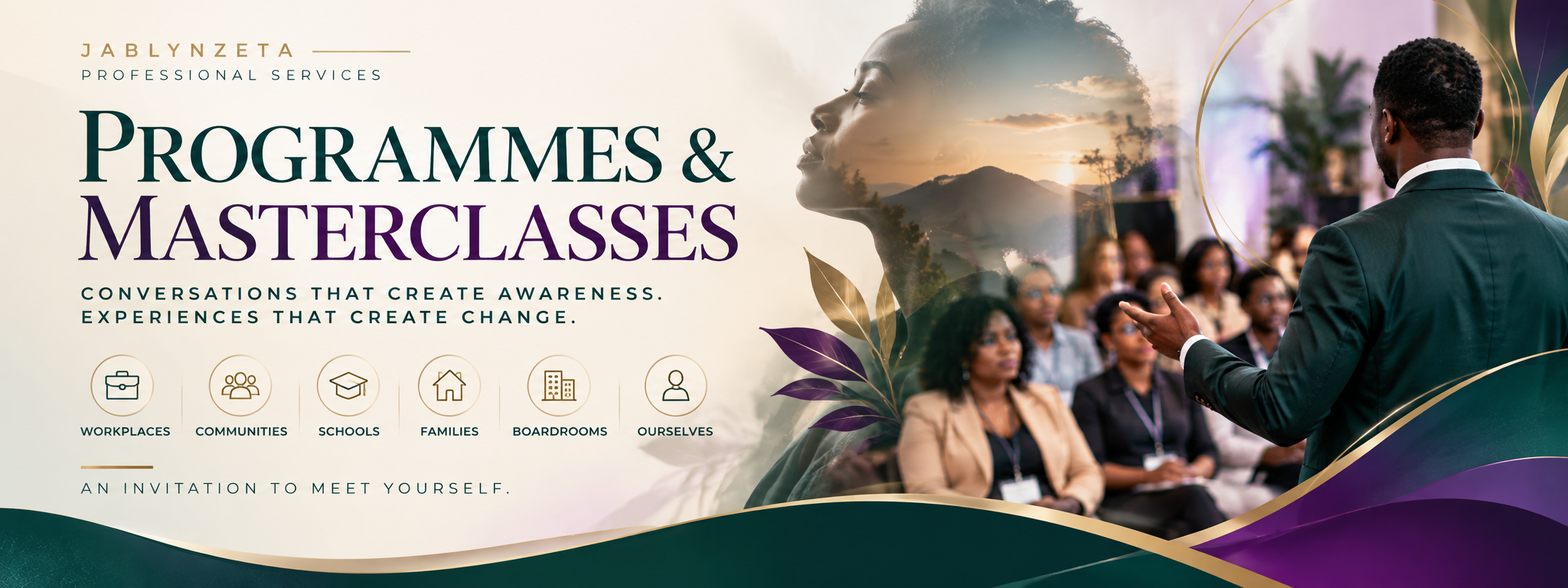 JablynZeta Programmes and Masterclasses banner featuring professional speaking, mental health education, emotional wellness, behavioural development and community engagement.
